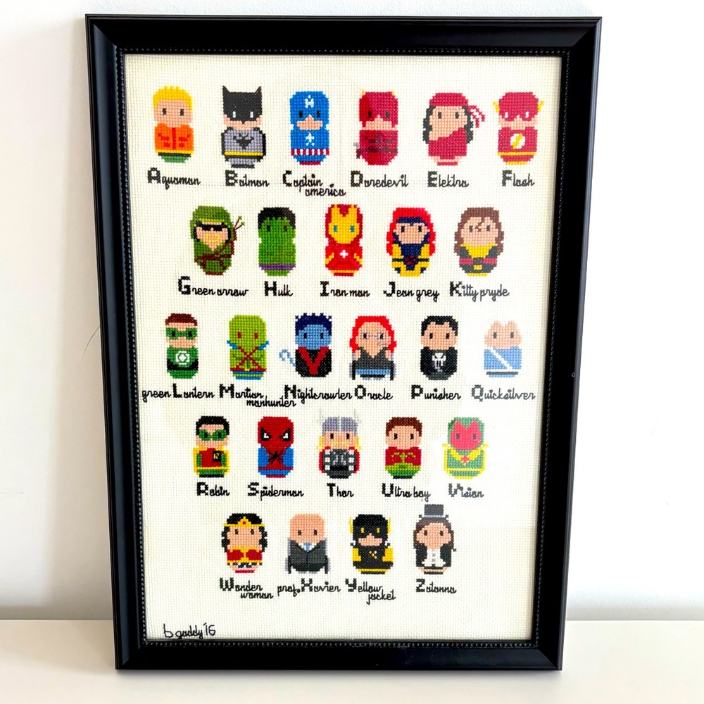 Superhero Cross-Stitch Art in Black Frame